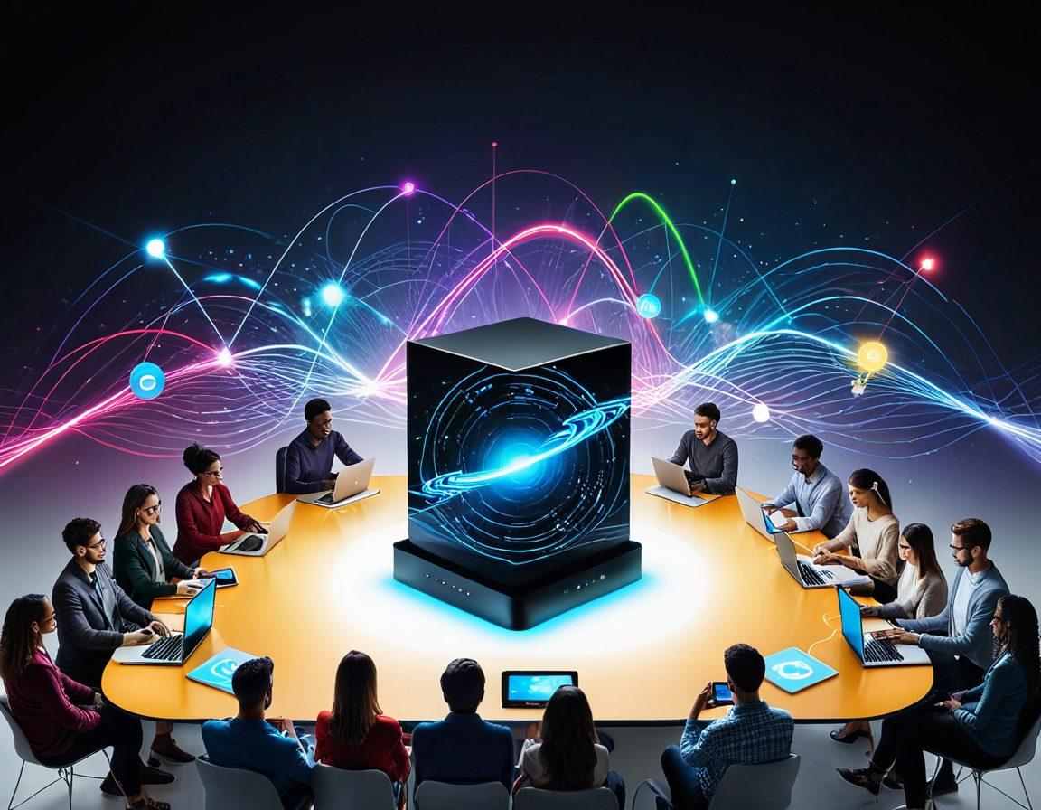 A modern, sleek broadband router with glowing lights surrounded by a diverse group of people engaged in video calls and streaming on different devices. In the background, an abstract representation of high-speed internet waves radiating outward, showcasing connectivity. The scene exudes a sense of community and technology integration. vibrant colors. super-realistic. white background.
