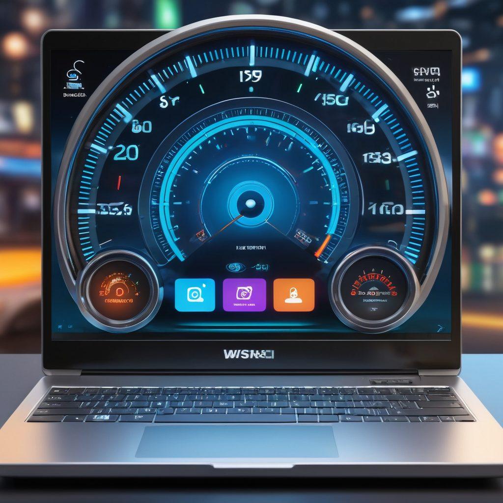 An open laptop surrounded by speedometer gauges and digital symbols representing internet connectivity such as Wi-Fi signals and speed test icons. The background features blurred images of streaming videos and gaming, symbolizing a seamless online experience. Bright colors with dynamic lines reflecting speed and efficiency. super-realistic. vibrant colors. technology-themed.